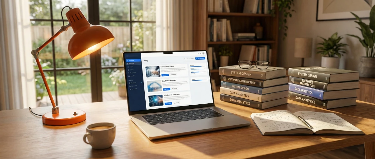 Biurko z laptopem i książkami technicznymi — dzielenie się wiedzą