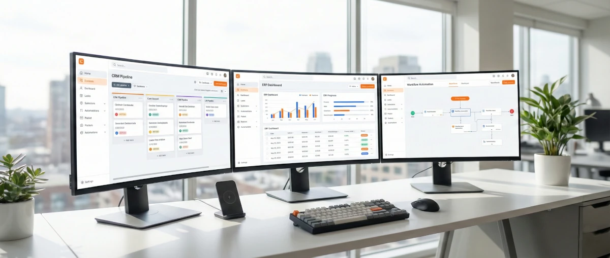 Biuro programistów z monitorami wyświetlającymi dashboardy aplikacji biznesowych