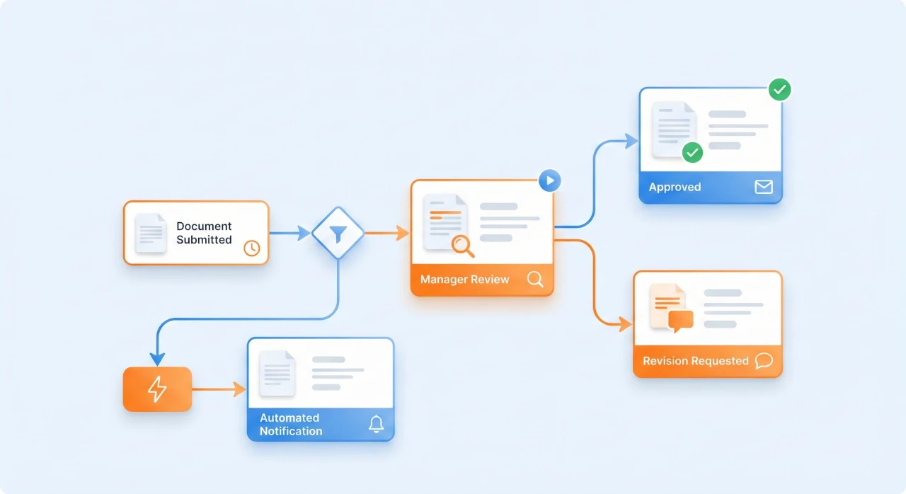 Diagram automatyzacji z obiegiem dokumentów i etapami zatwierdzania