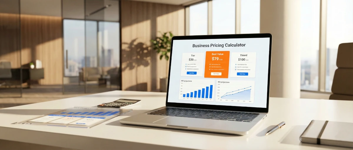 Laptop z kalkulatorem cenowym na biurku — porównanie pakietów