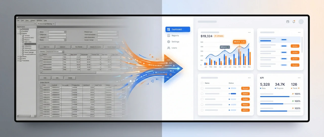 Migracja systemu — porównanie starego i nowego interfejsu przed i po modernizacji