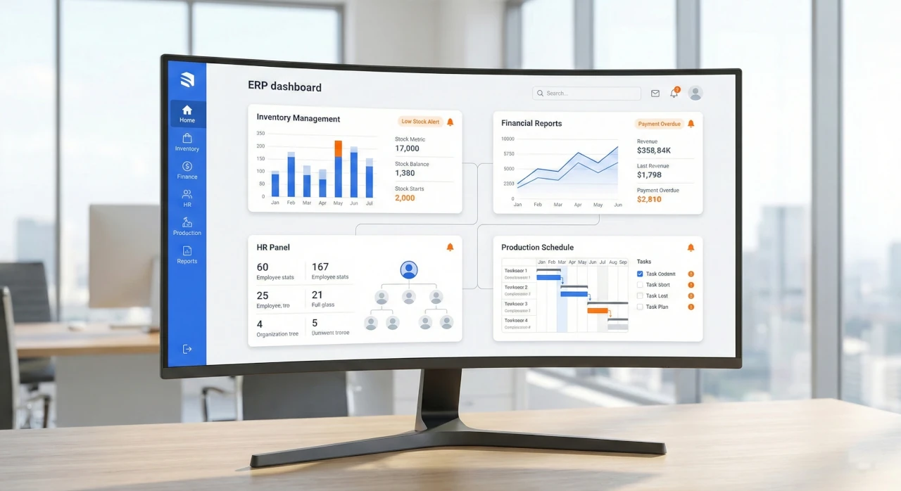Moduły zarządzania firmą na dashboardzie — finanse, magazyn, HR, produkcja