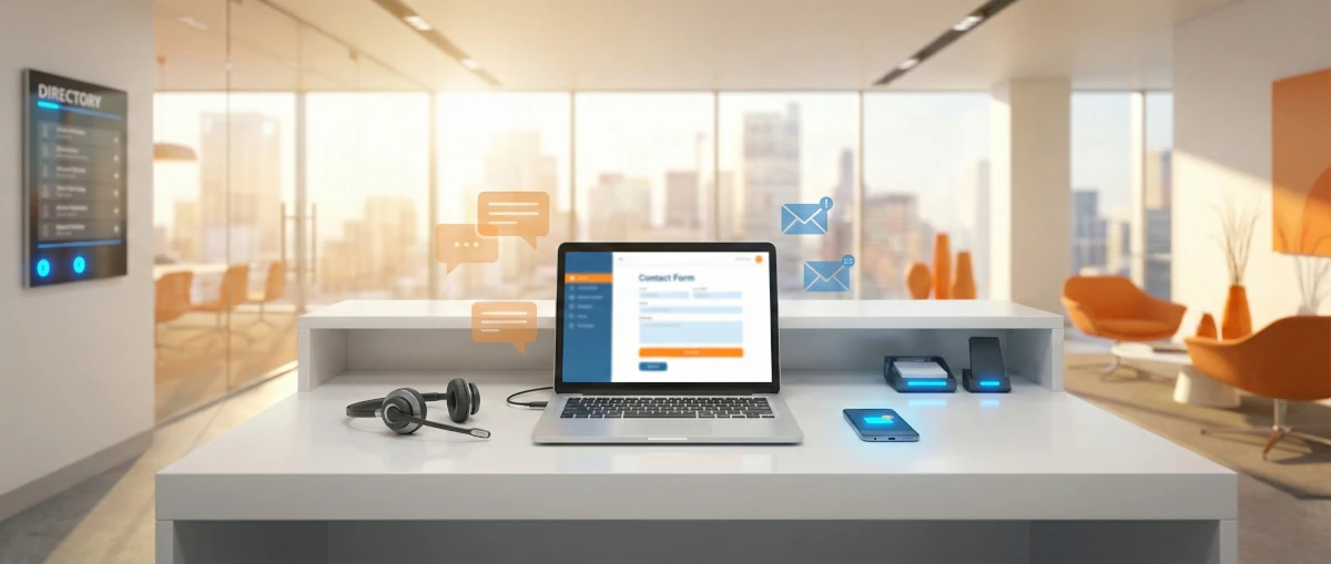 Recepcja biurowa z laptopem i słuchawkami — komunikacja z klientem