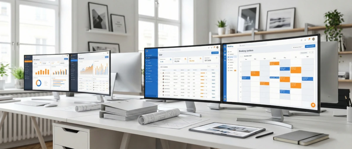Studio z ekranami wyświetlającymi gotowe aplikacje — CRM, ERP, rezerwacje