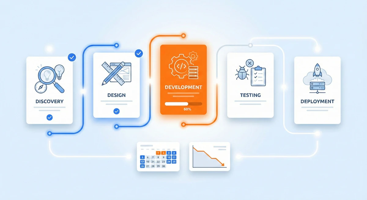 Timeline z kamieniami milowymi projektu IT — od analizy po wdrożenie