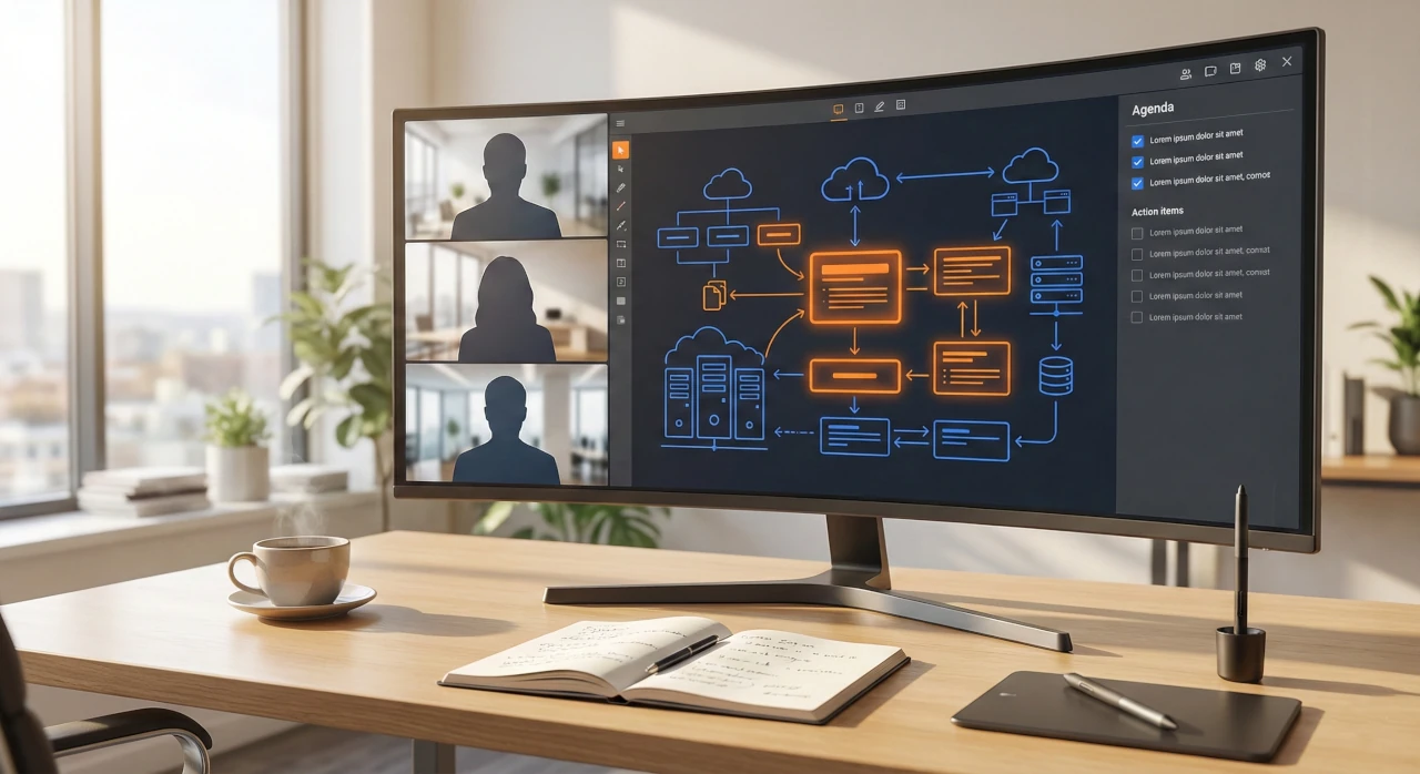 Wideokonferencja z whiteboardem — diagramy architektury i lista zadań